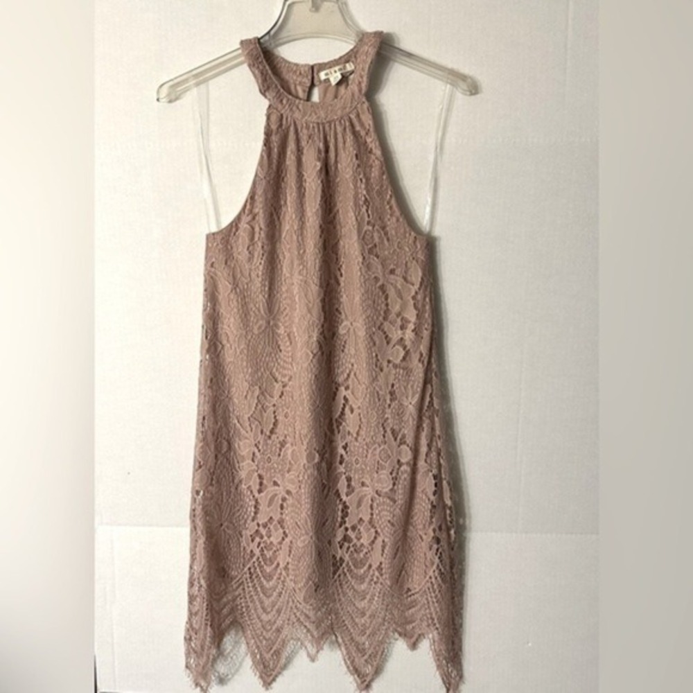 Miami Womens Dusty Rose Floral Lace Halter Mini Dress Sharkbite Hem XS Mauve